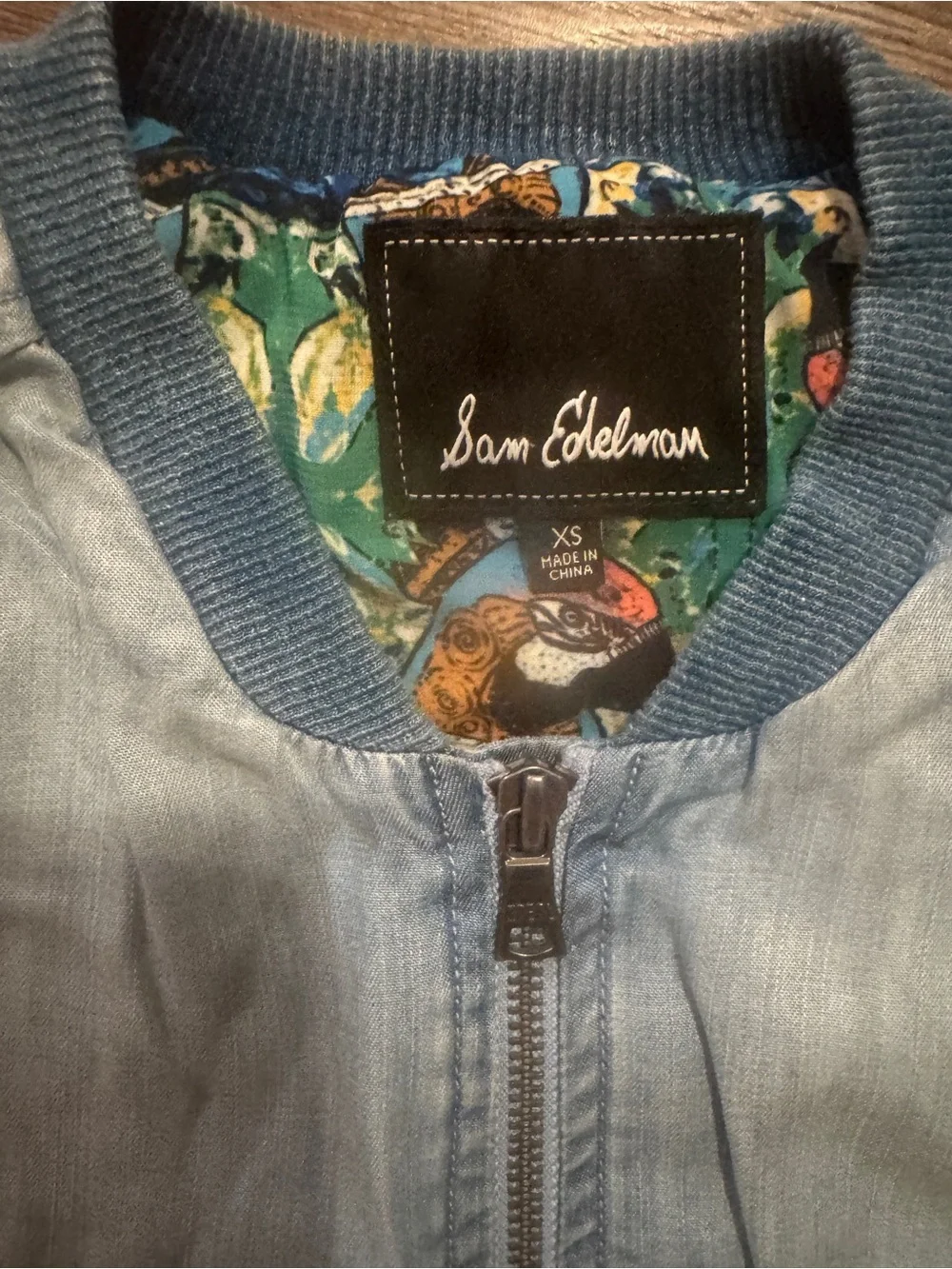 Sam Edelman Light Blue Denim-Style Bomber Jacket with Colorful Lining